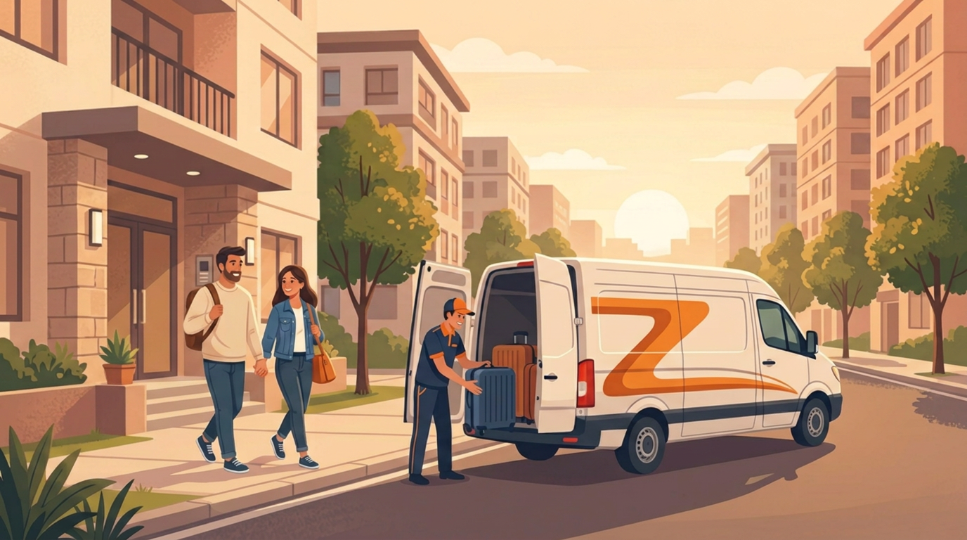 A couple walking out with just a handbag and a backpack while a Zittru partner loads their suitcases into the van